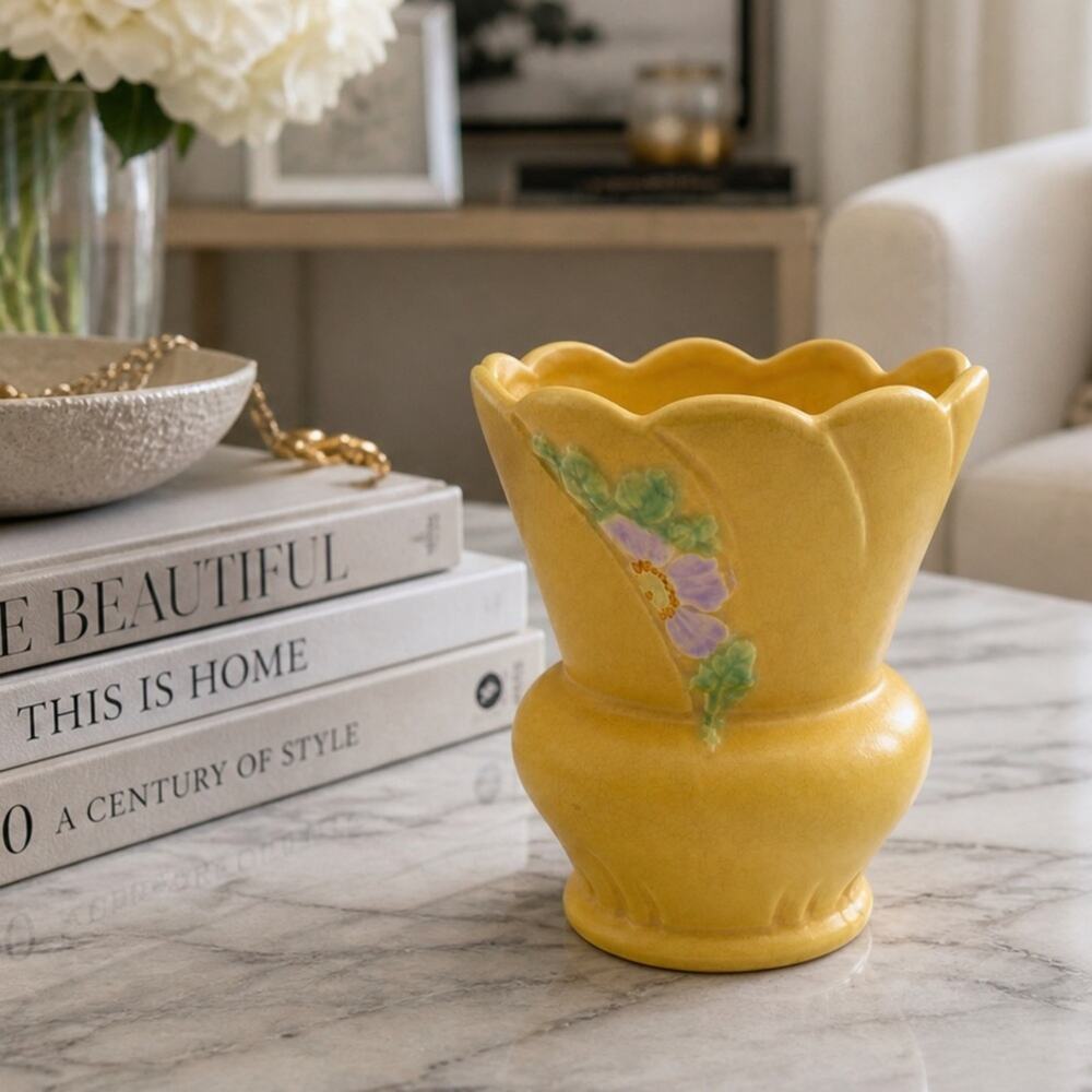 Weller Pottery B-4 Vase Vintage Art Deco Scalloped Floral Yellow Ceramic USA - Picture 10 of 10